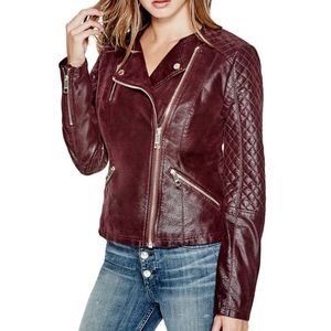 GUESS New Womens Geonna Faux Suede Moto Jacket‎ In Burgundy Size M